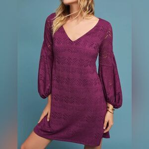 Anthropologie Maeve Laila Purple Eyelet Balloon Sleeve V-Neck Dress Size S